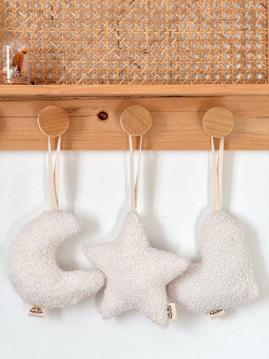 Peluche lune, étoile, cœur en Teddy bouclette ÉCRU