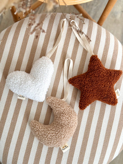 Peluche lune, étoile, cœur en Teddy bouclette TOFFEE